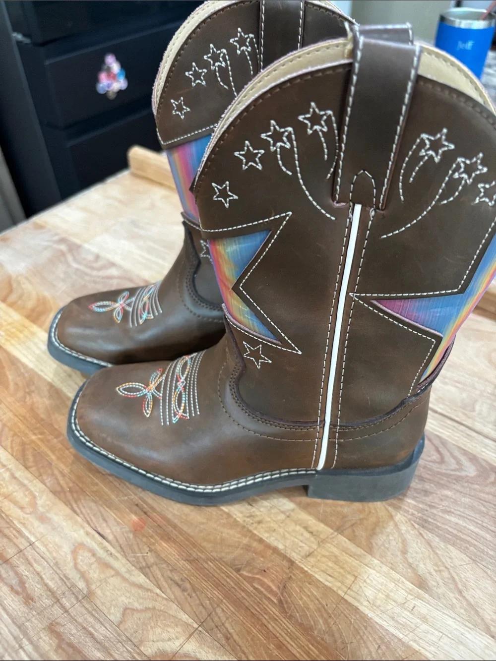 Shyanne Brown Kids Western Boots with Rainbow Star Panel